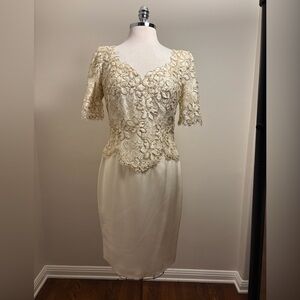 Liancarlo vintage silk midi dress with metallic gold overlay - size 10